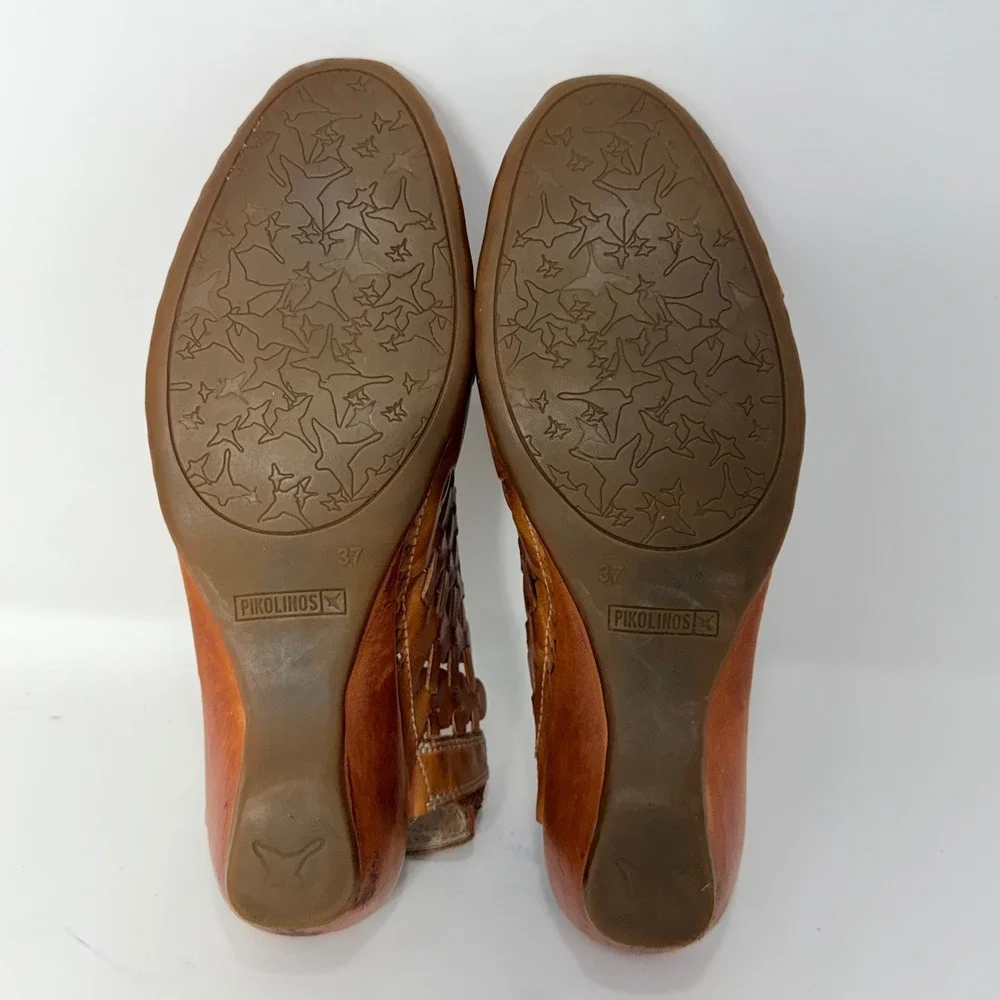 Pikolinos Woven Leather Slingback Wedge Shoes Tan Artisan Handcrafted EU 37